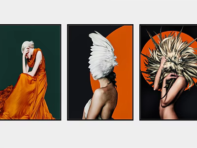 Three Artistic Portrait Paintings With Unique Headpieces And Colorful Backgrounds 3d model