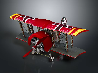 Red And Yellow Biplane Model With Black White Cross Markings And Stripes 3d model