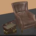 Classic Brown Leather Armchair With Open Vintage Suitcase And Wooden Legs