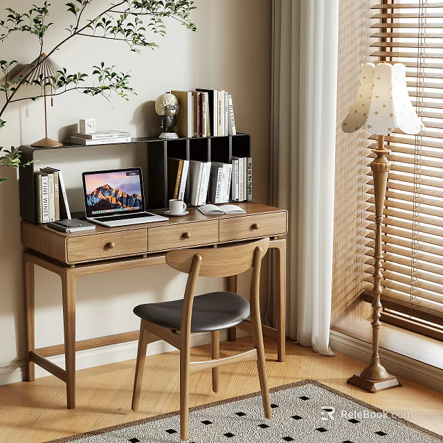 Wooden Home Office Desk With Laptop Books Globe And Green Plant Near Window With Chair 3d model 
