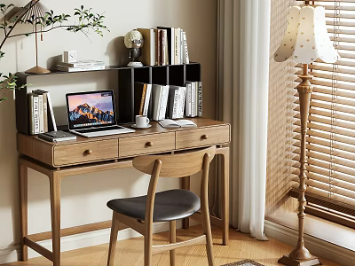 Wooden Home Office Desk With Laptop Books Globe And Green Plant Near Window With Chair 3d model