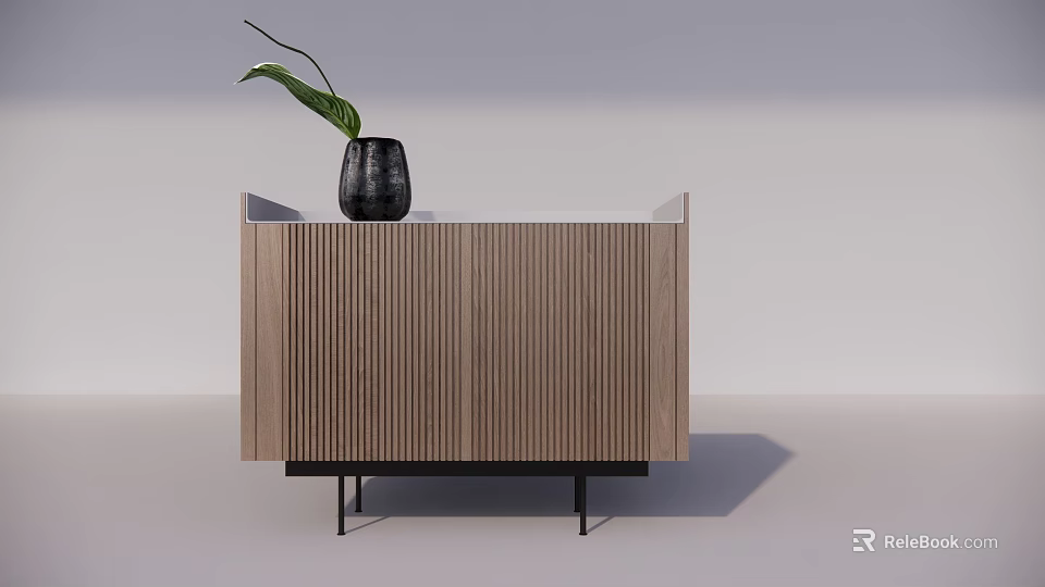 Modern Wooden Sideboard with Vertical Slats Black Legs and Green Leaf Vase on Top 3d model 