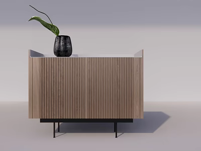 Modern Wooden Sideboard with Vertical Slats Black Legs and Green Leaf Vase on Top 3d model