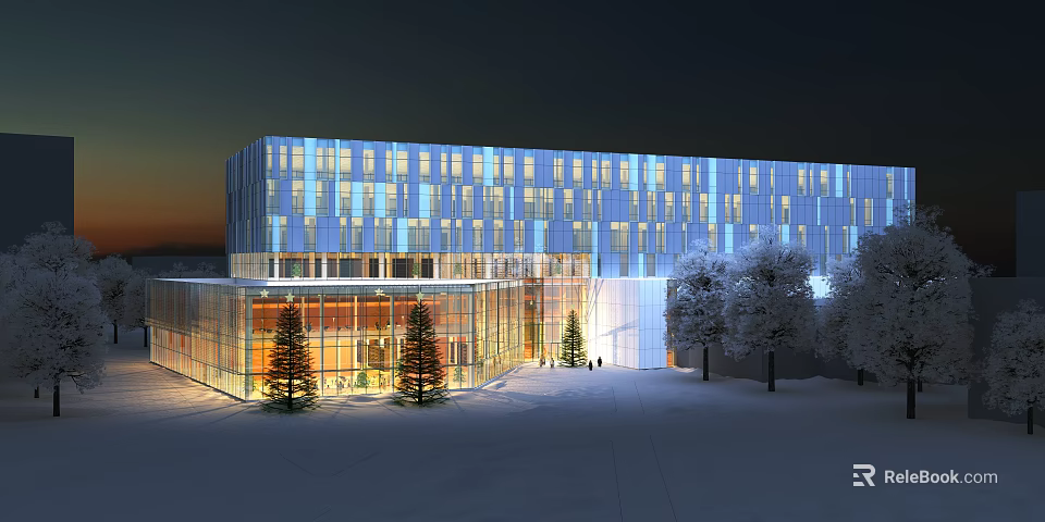 Modern Office Building With Glass Curtain Wall Night Lighting And Trees On Snowy Ground 3d model 