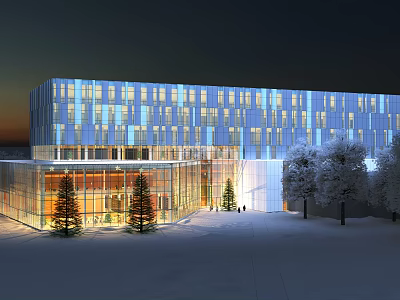 Modern Office Building With Glass Curtain Wall Night Lighting And Trees On Snowy Ground 3d model