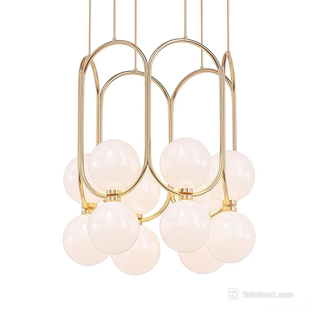 Elegant Modern Chandelier With Interconnected Golden Circular Frames And White Spherical Bulbs 3d model 