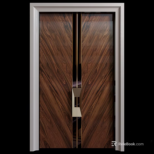 Modern Luxury Wooden Double Doors with Sleek Metal Handle and Natural Wood Grain Texture 3d model 