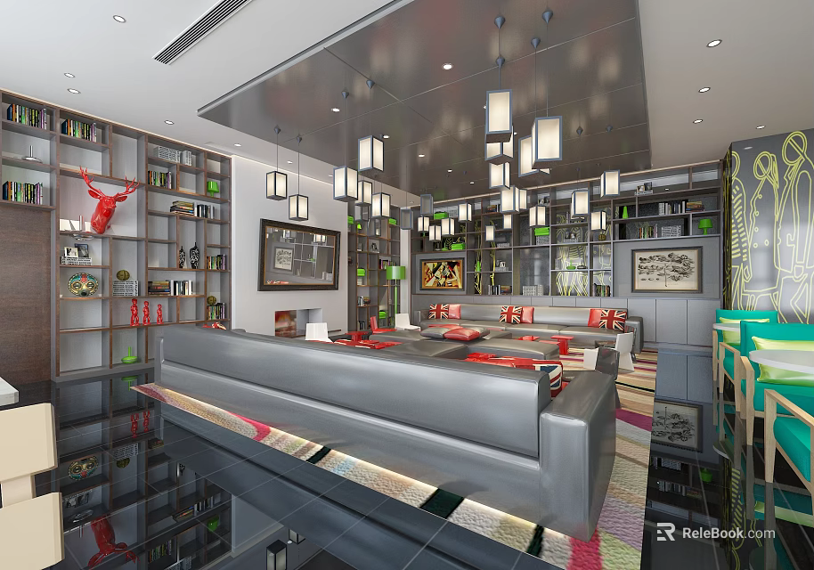 Elegant Modern Restaurant Interior With Open Layout Pendant Lights Sofa Seating And Bookshelf Decor 3d model 