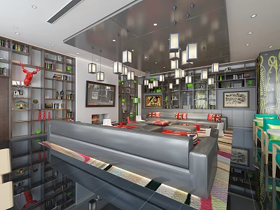 Elegant Modern Restaurant Interior With Open Layout Pendant Lights Sofa Seating And Bookshelf Decor 3d model