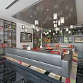 Elegant Modern Restaurant Interior With Open Layout Pendant Lights Sofa Seating And Bookshelf Decor