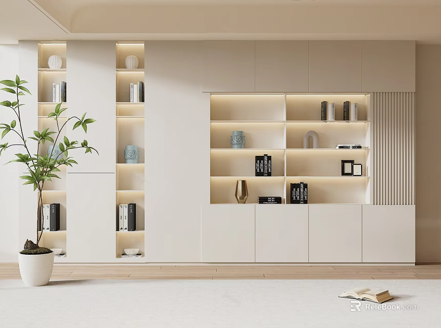 Modern White Bookcase Interior Design With LED Lighting Open Shelves Books Decorations And Green Plant 3d model 