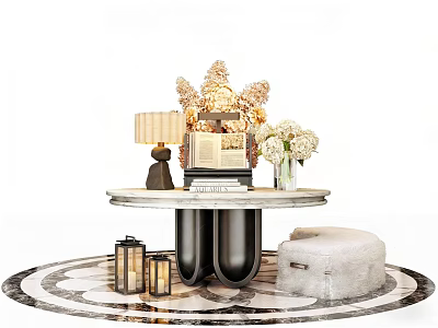 Elegant Console Table with Table Lamp Books and Flower Arrangement on Circular Patterned Rug 3d model