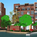 Modern Red Brick Residential Building With Balconies Green Trees And Lawn