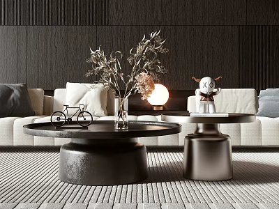Modern Coffee Table with Vase Plant Bicycle Model Table Lamp in Living Room Near Sofa 3d model