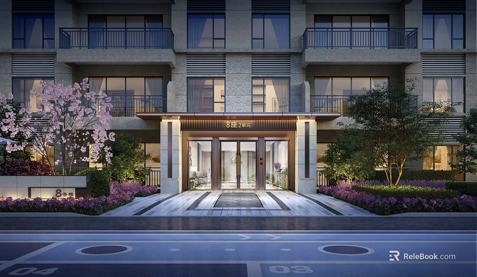 Decorative Feature Wall At Modern Residential Entrance With Glass Doors Cherry Blossoms And Flower Beds 3d model 