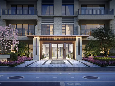 Decorative Feature Wall At Modern Residential Entrance With Glass Doors Cherry Blossoms And Flower Beds 3d model