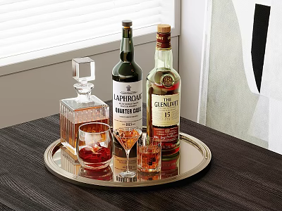 Whiskey Bottles and Various Glasses on Silver Tray Featuring Laphroaig Glenfiddich 15 and Window View 3d model