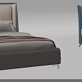 Elegant Modern Double Bed with Blue Beige Headboard Gray Bedding and Pillows 3d model
