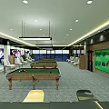 Modern Billiard Room Interior With Multiple Pool Tables Leather Chairs And Pendant Lights