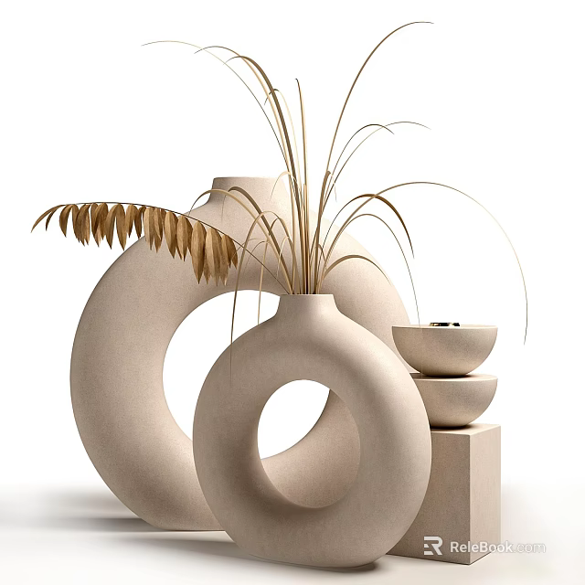 Minimalist Circular Hollow Vases With Dried Reeds And Small Bowls On Square Base 3d model 