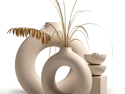 Minimalist Circular Hollow Vases With Dried Reeds And Small Bowls On Square Base 3d model