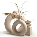Minimalist Circular Hollow Vases With Dried Reeds And Small Bowls On Square Base