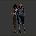 Black Haired Human Character With Scroll Standing By Blue Armored Creature With Orange Hair