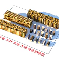 Realistic Wooden Materials Combined 3D Model With Boards Timber Firewood And Piles