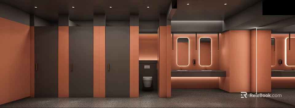Modern Public Restroom Interior With Warm Tones Stalls Toilet And Mirrors 3d model 