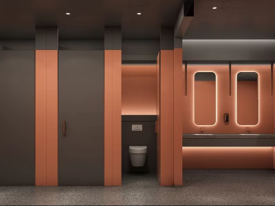 Modern Public Restroom Interior With Warm Tones Stalls Toilet And Mirrors 3d model