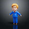3D Little Boy Doll With Blonde Hair Blue Suit Red Tie Black Background And Reflection