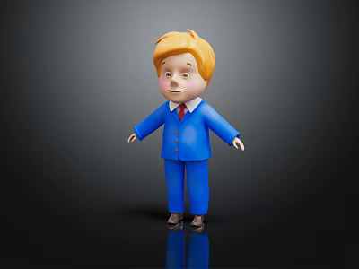 3D Little Boy Doll With Blonde Hair Blue Suit Red Tie Black Background And Reflection 3d model