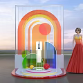 Colorful Rainbow Arch Photo Check-in Spot With Circular Decorations Transparent Stand And Sky Sea Background
