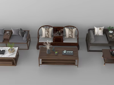 Traditional Chinese Luohan Bed In Living Room With Sofa Coffee Table And Decorative Cushions 3d model
