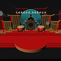 Traditional Chinese Stage With Red Carpet Golden Decor Moon Elements And Architecture