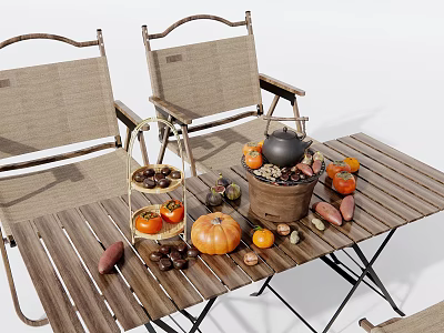 Outdoor Wooden Table and Chairs Set with Autumn Decorations Like Pumpkin Sweet Potatoes and Teapot 3d model