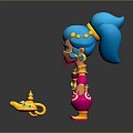 Vibrant Animated Game Character With Blue Hair Pink Outfit Jeweled Accessories And Yellow Magic Lamp