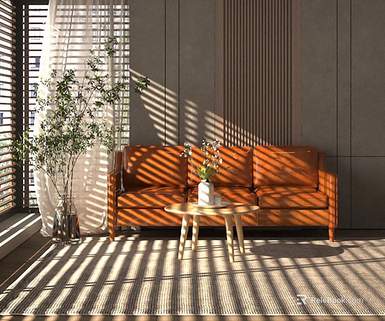 Modern Multi Seater Leather Sofa with Sunlight Patterns Small Coffee Table and Potted Plant 3d model 