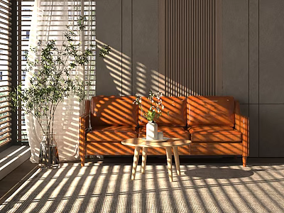 Modern Multi Seater Leather Sofa with Sunlight Patterns Small Coffee Table and Potted Plant 3d model