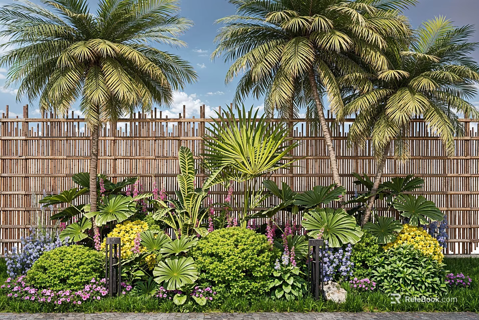 Lush Flower And Tropical Plant Garden With Palm Trees Bamboo Fence And Colorful Blooms 3d model 