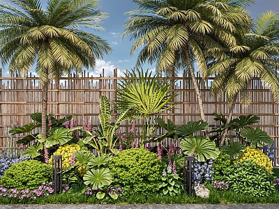 Lush Flower And Tropical Plant Garden With Palm Trees Bamboo Fence And Colorful Blooms 3d model