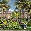 Lush Flower And Tropical Plant Garden With Palm Trees Bamboo Fence And Colorful Blooms
