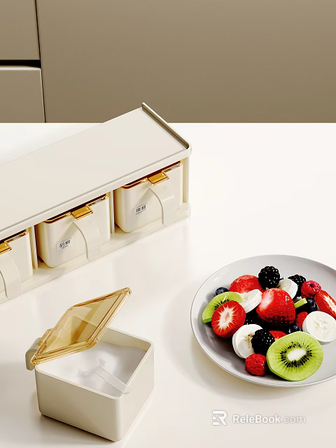 White Spice Jars With Gold Lids In Storage Box On Kitchen Countertop With Fruit Plate 3d model 