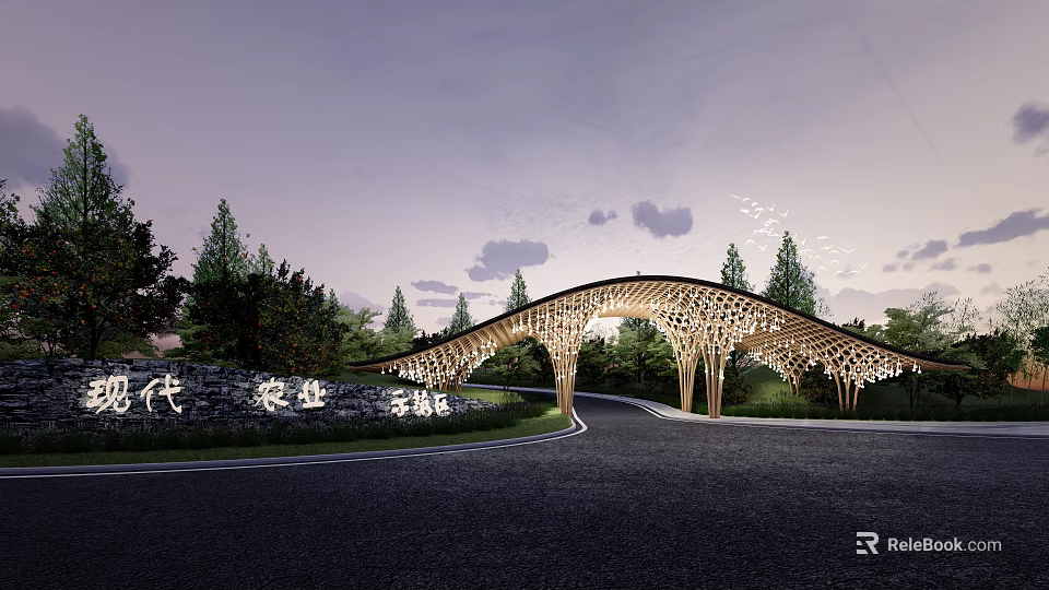 Modern Wooden Arched Entrance Gate Surrounded by Trees and Stone Wall Under Twilight Sky 3d model 