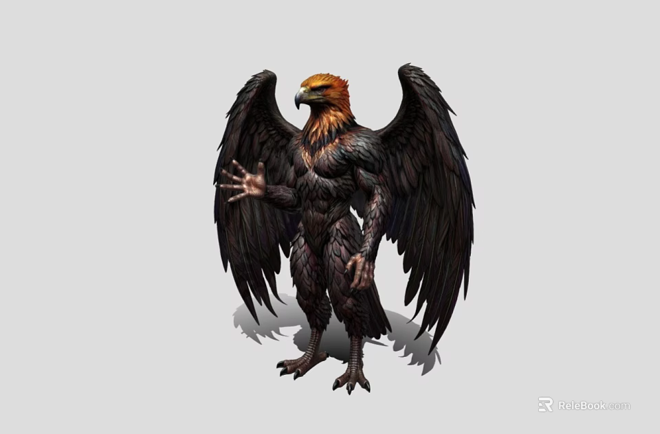Game Fantasy Eagle Headed Humanoid Character With Black Wings Yellow Head And Outstretched Hand 3d model 