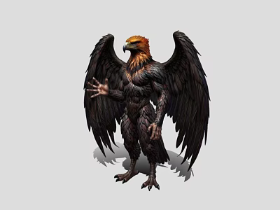 Game Fantasy Eagle Headed Humanoid Character With Black Wings Yellow Head And Outstretched Hand 3d model