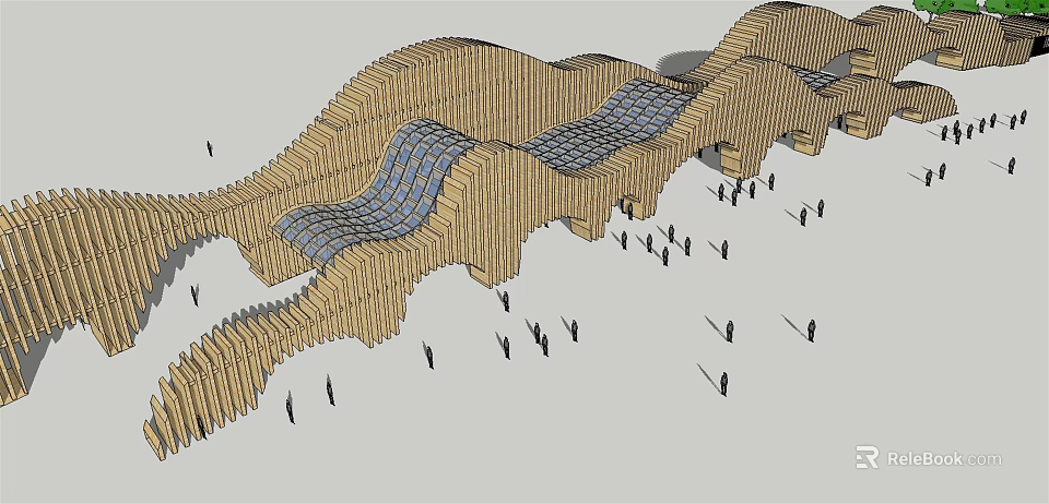 Modern Wooden Memorial Archway With Wavy Design And People Around 3d model 