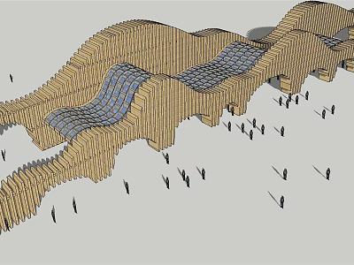 Modern Wooden Memorial Archway With Wavy Design And People Around 3d model
