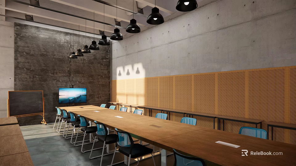 Modern Meeting Room Interior With Long Wooden Table Blue Chairs And Black Pendant Lights 3d model 