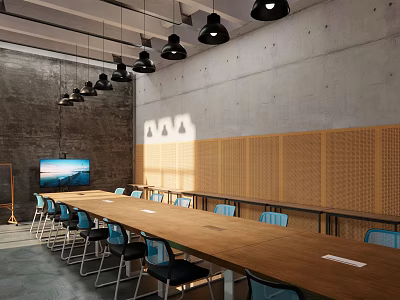 Modern Meeting Room Interior With Long Wooden Table Blue Chairs And Black Pendant Lights 3d model
